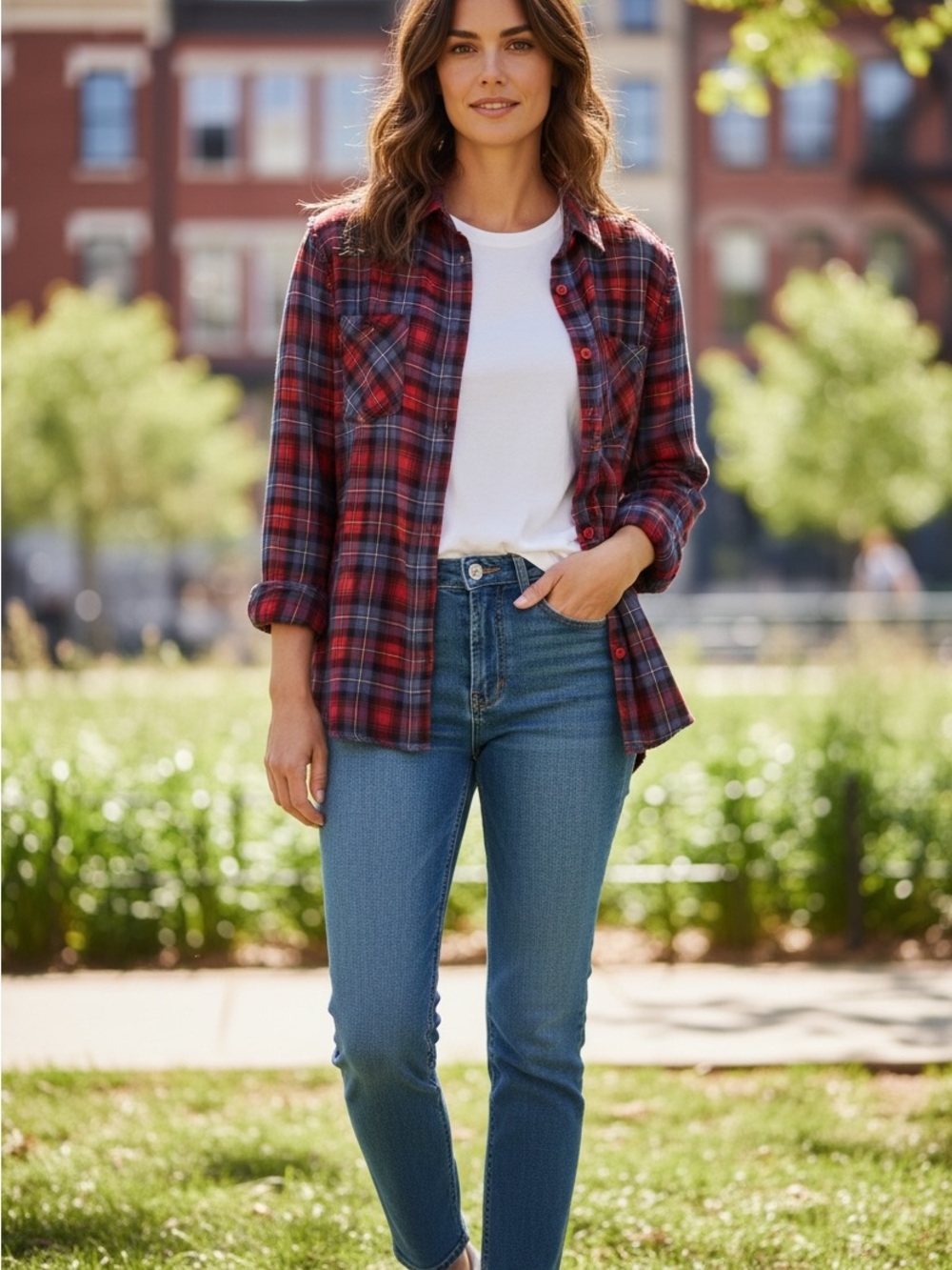Joes Jeans Women’s Red Plaid Button-Up Shirt - Classic Lightweight Flannel